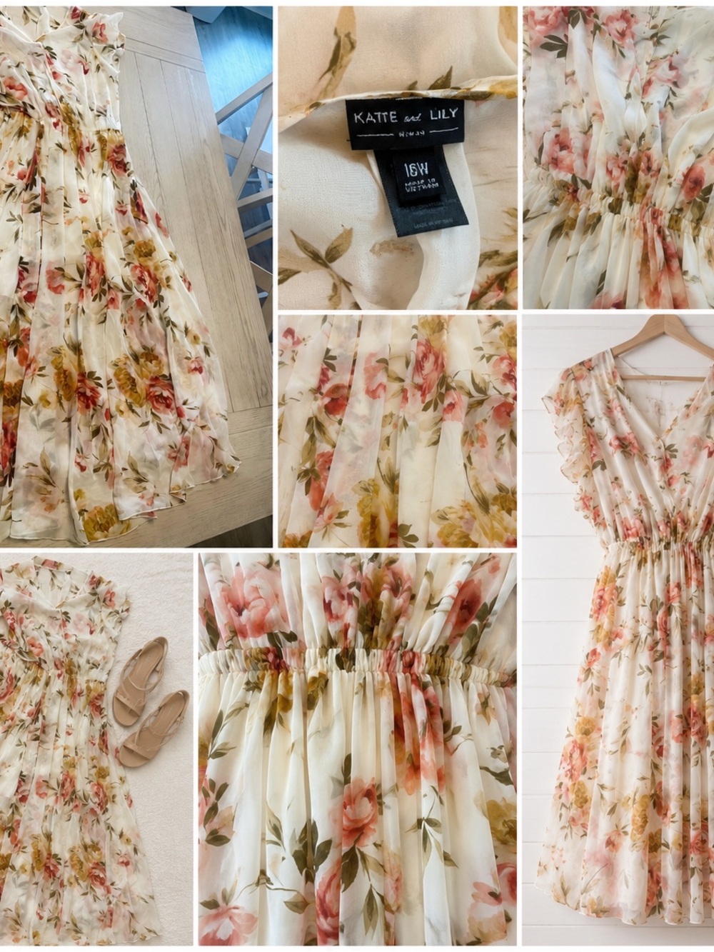 KATIE and LILY Floral Chiffon Midi Dress - Cream with Pink & Green Flowers